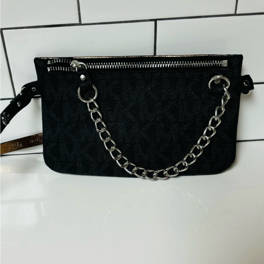 MICHAEL KORS black logo pull chain faux-leather belt bag /fanny pack